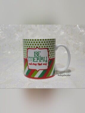 Clay Art “Be Merry and Stay That Way” Christmas Mug Green Polka Dot Candy Cane
